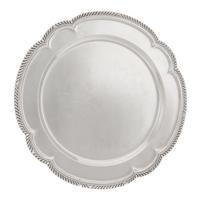 An American Silver Meat Platter, Gorham Mfg. Co., Providence, RI, 1943, of shaped circular form having a gadrooned border, the center e