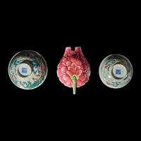Two Chinese Enameled Porcelain Bowls and a "Lotus" Water Dropper 粉彩仙人圖盌及秋操杯各一