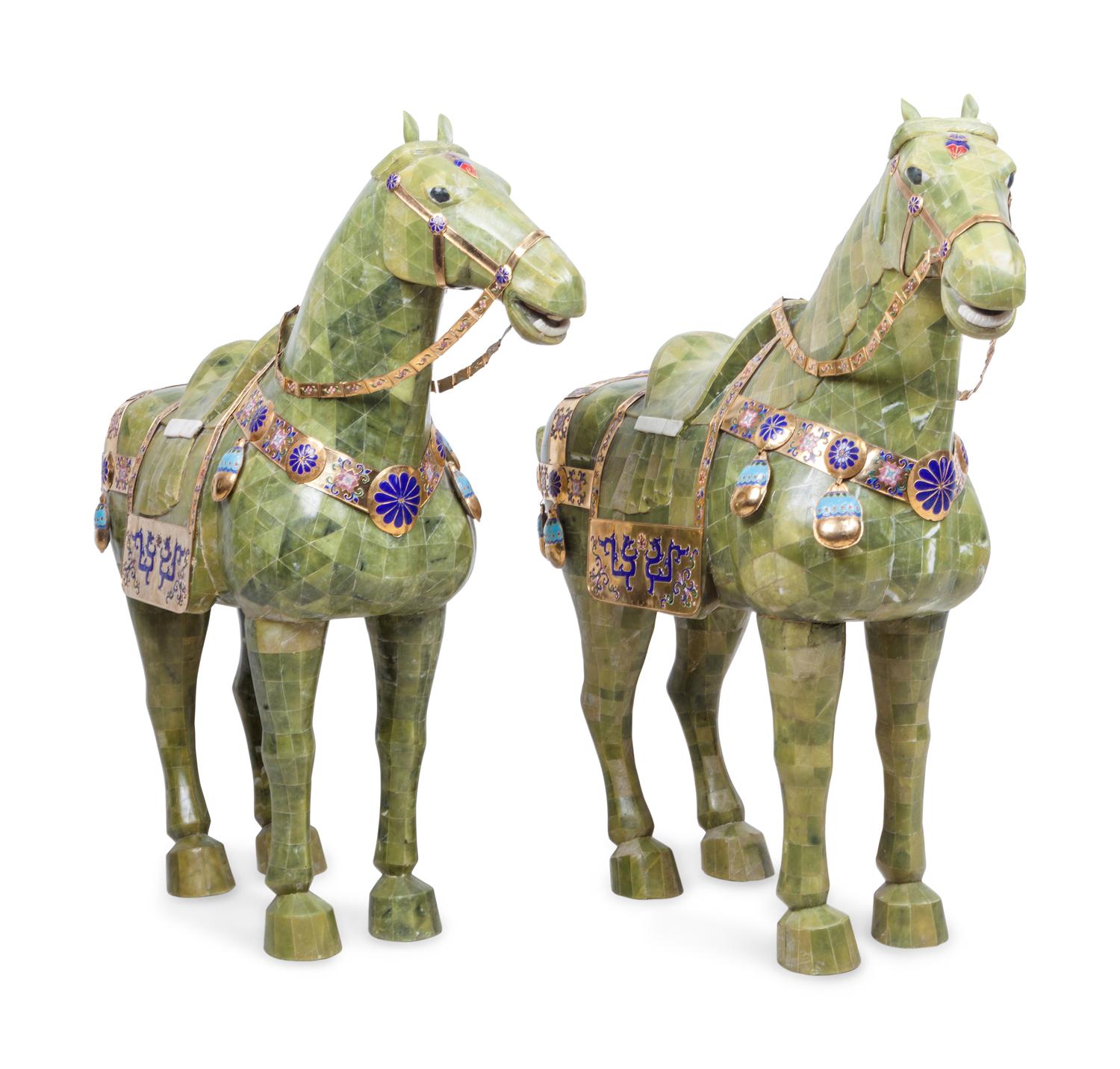 A Pair of Chinese Export Hardstone Veneered Tang Style Horses with Champlevé Decoration