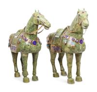 A Pair of Chinese Export Hardstone Veneered Tang Style Horses with Champlevé Decoration