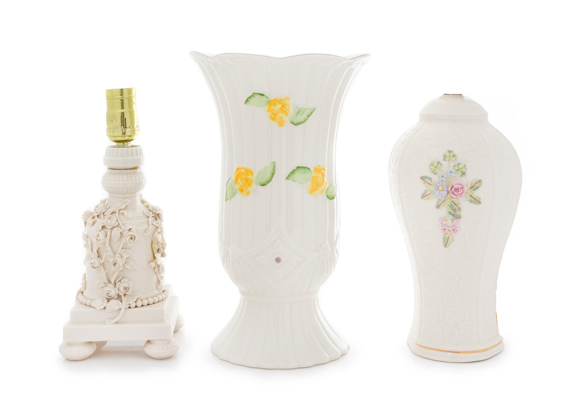 Three Belleek Items Height of first 12 inches.