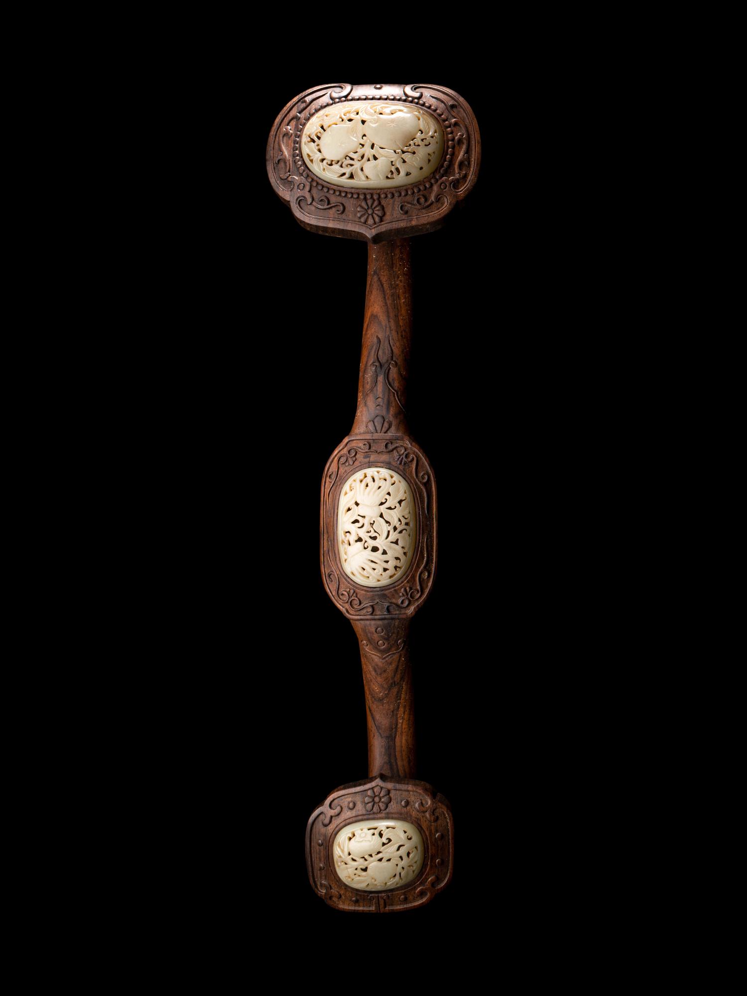 A Pair of Celadon Jade Inset Wood Ruyi Scepters