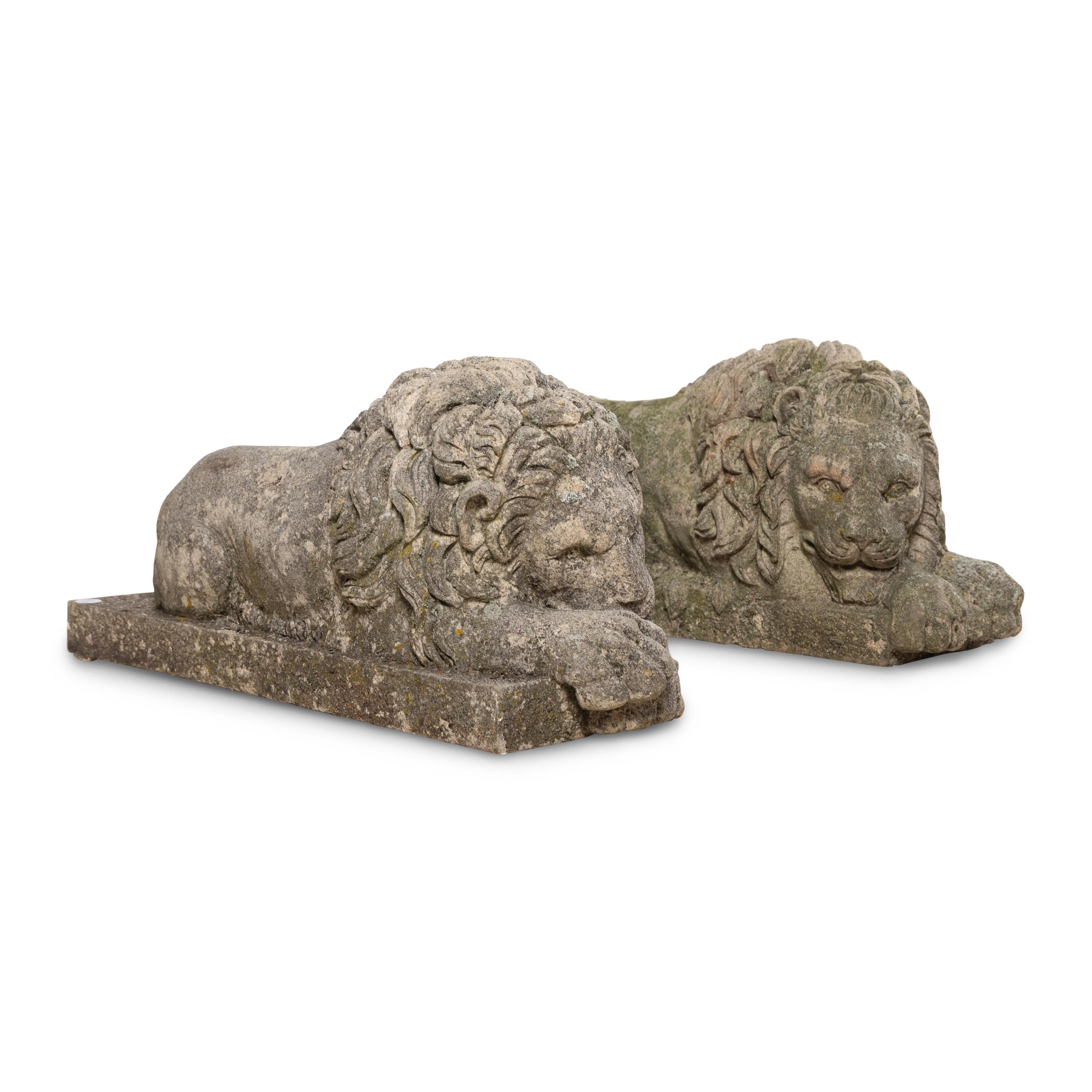 Two Carved Granite Garden Lions
