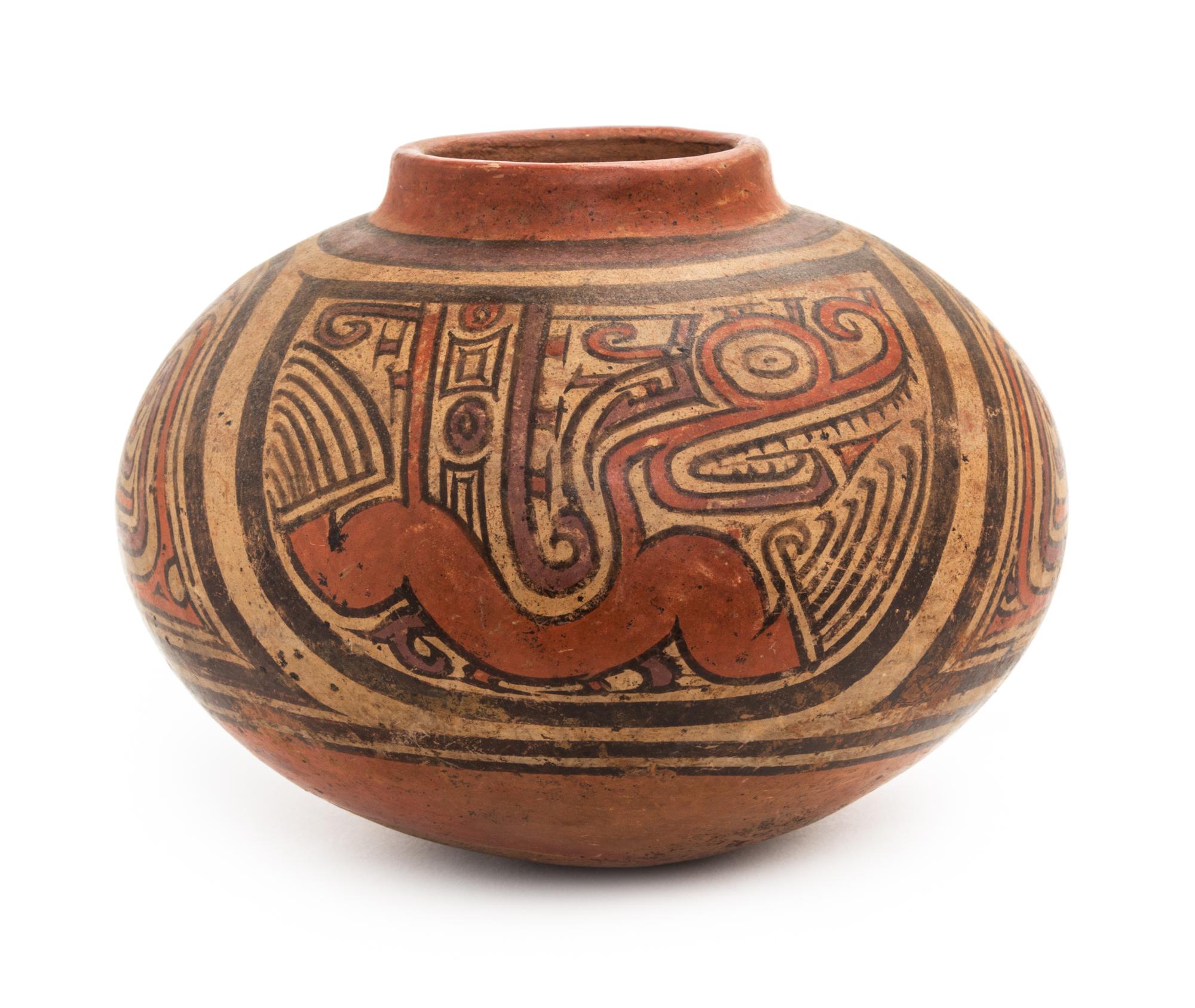 A Panamanian Polished and Painted Earthenware Vessel. Height 6 x diameter 7 inches.