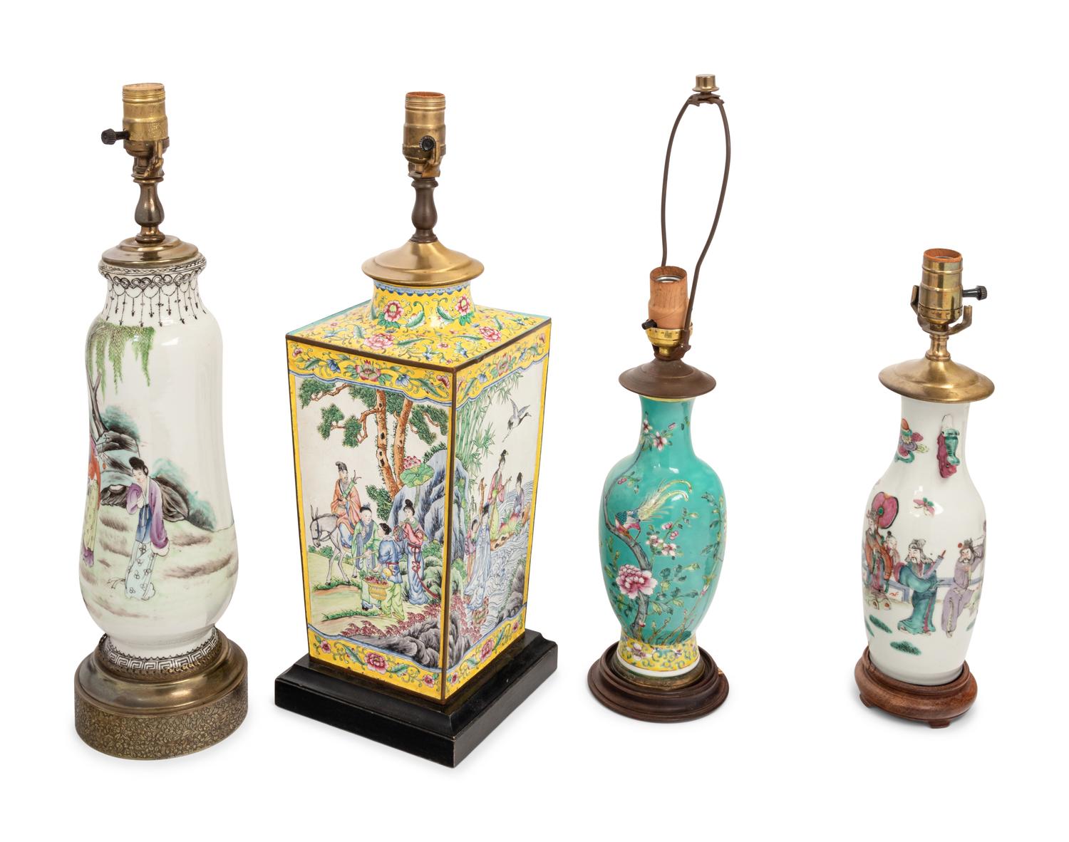Three Chinese Famille Rose Porcelain Vases and A Chinese Painted Canton Enamel on Copper Vase