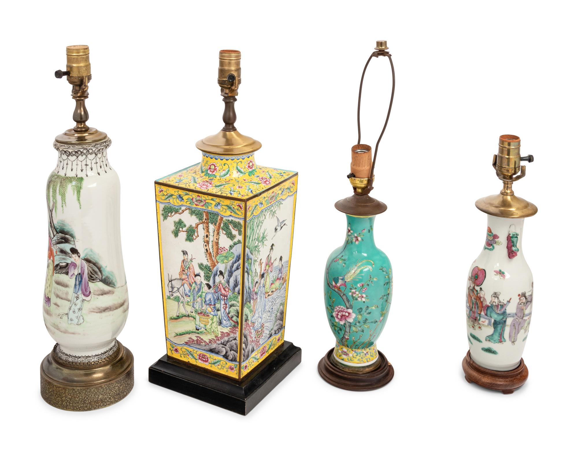 Three Chinese Famille Rose Porcelain Vases and A Chinese Painted Canton Enamel on Copper Vase