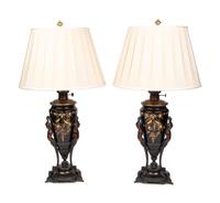 A Pair of Victorian Painted Glass and Cast Metal Amphorae Mounted as Lamps