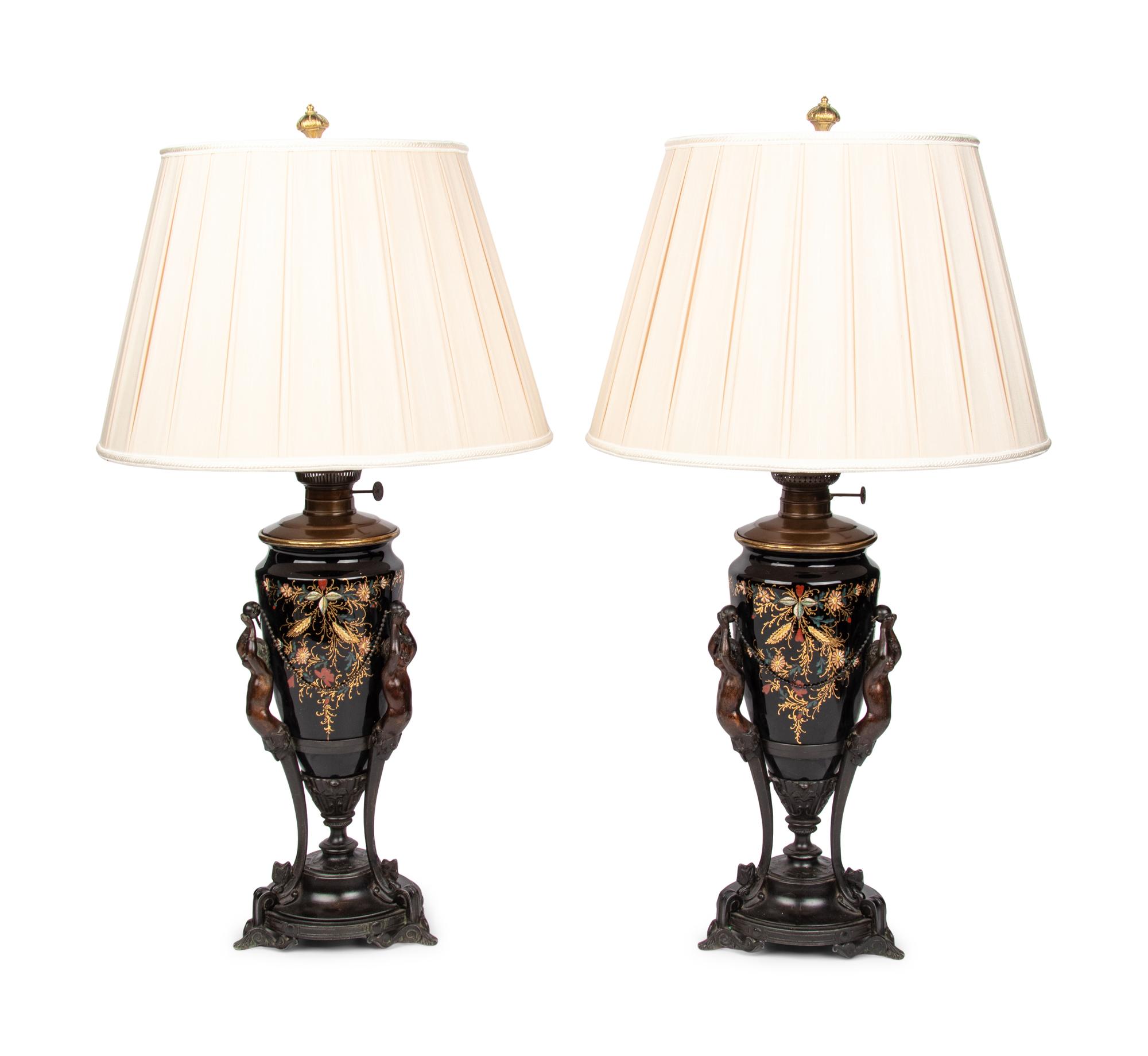 A Pair of Victorian Painted Glass and Cast Metal Amphorae Mounted as Lamps