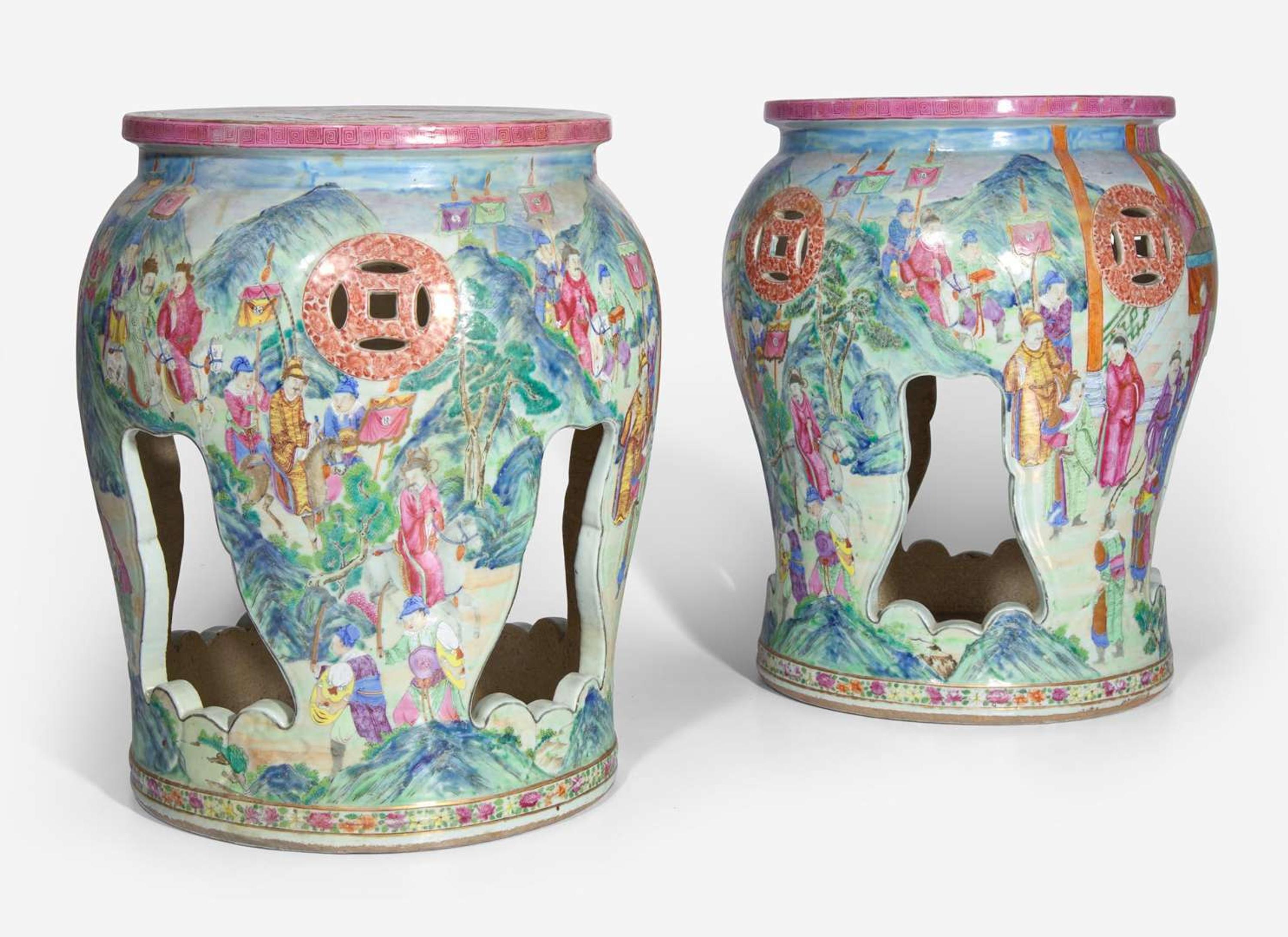 An unusual pair of Chinese export porcelain famille rose-decorated garden stools, first half 19th Century 粉彩繡墩一對 十九世紀初