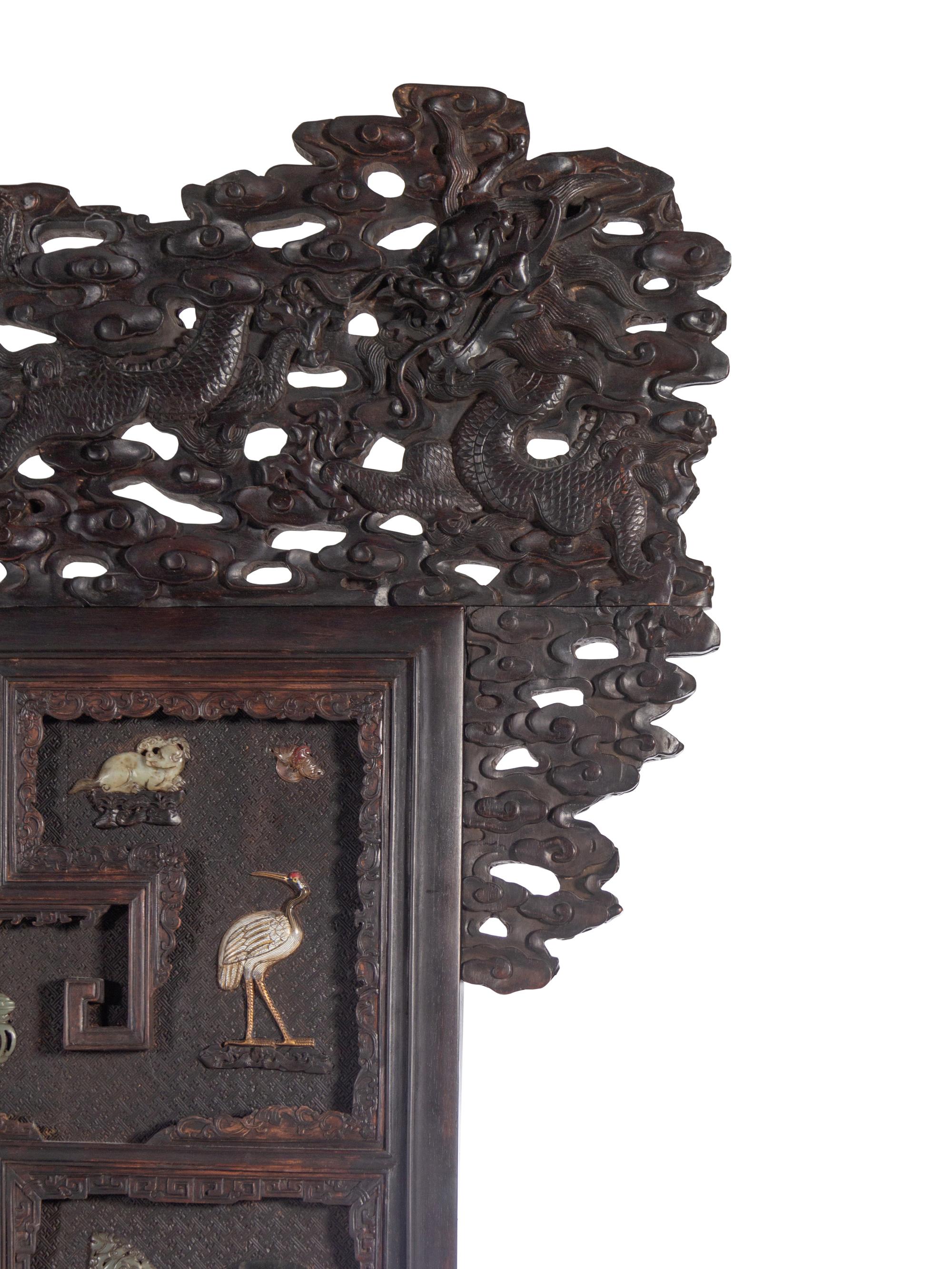 A Large Chinese Export Hardstone Inset Carved Hardwood Screen