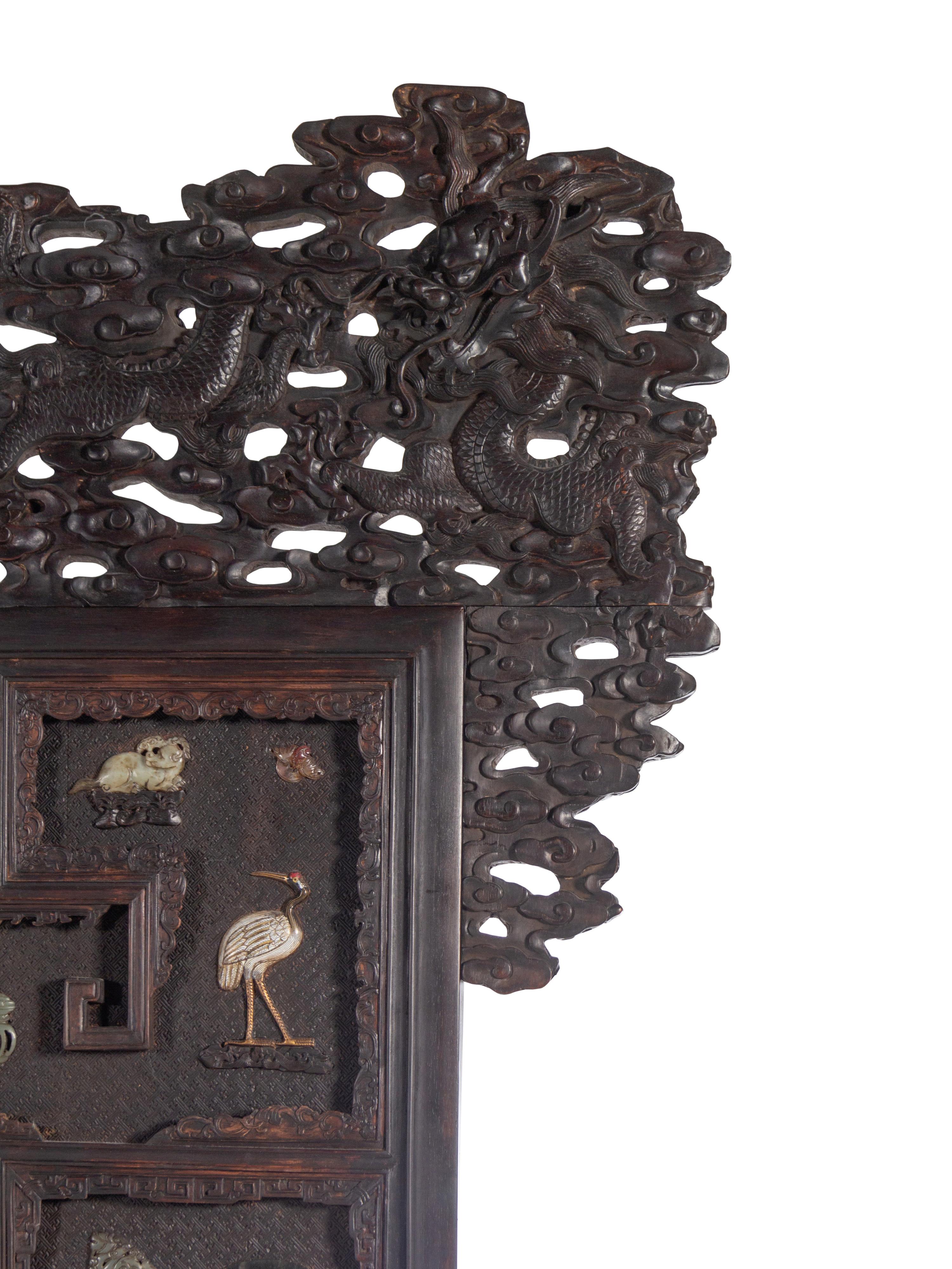 A Large Chinese Export Hardstone Inset Carved Hardwood Screen