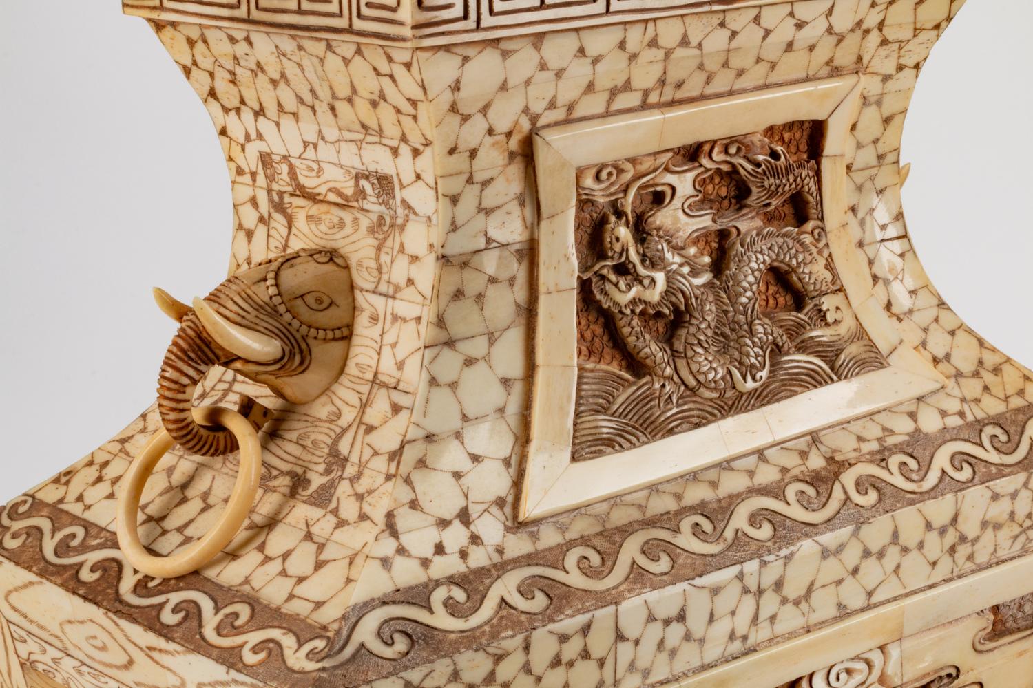 A Pair of Japanese Bone-Veneered Covered Vases on Stands