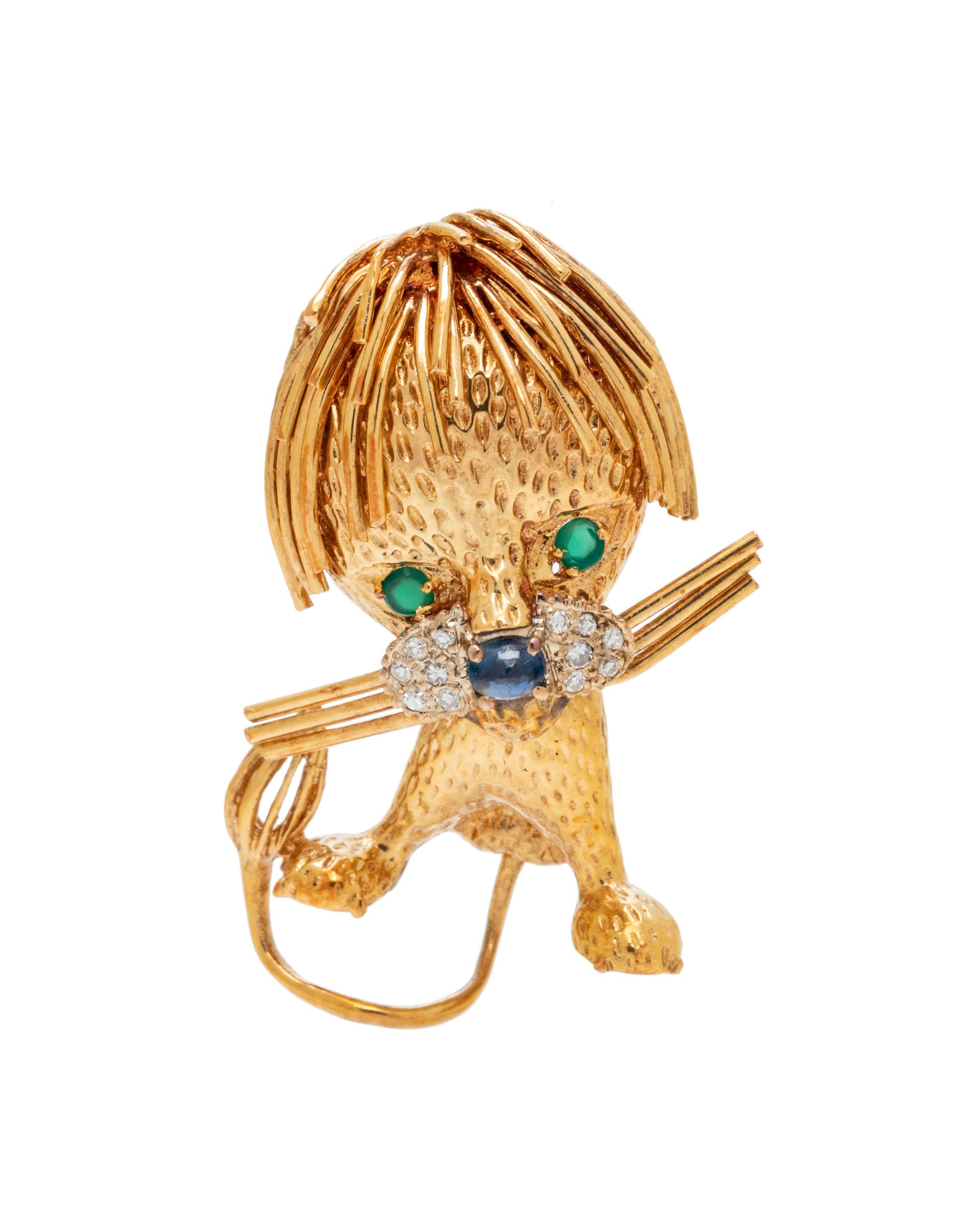 YELLOW GOLD, DIAMOND, EMERALD AND SAPPHIRE LION BROOCH