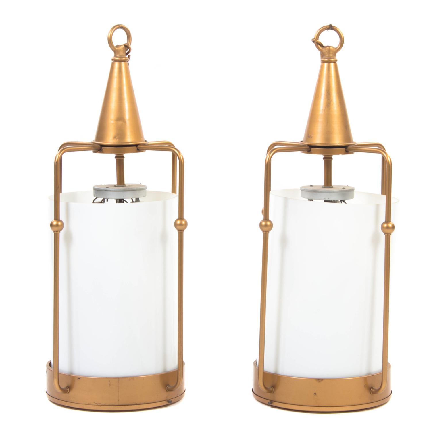 A Pair of Brass and Milk Glass Lanterns, Height 34 inches.