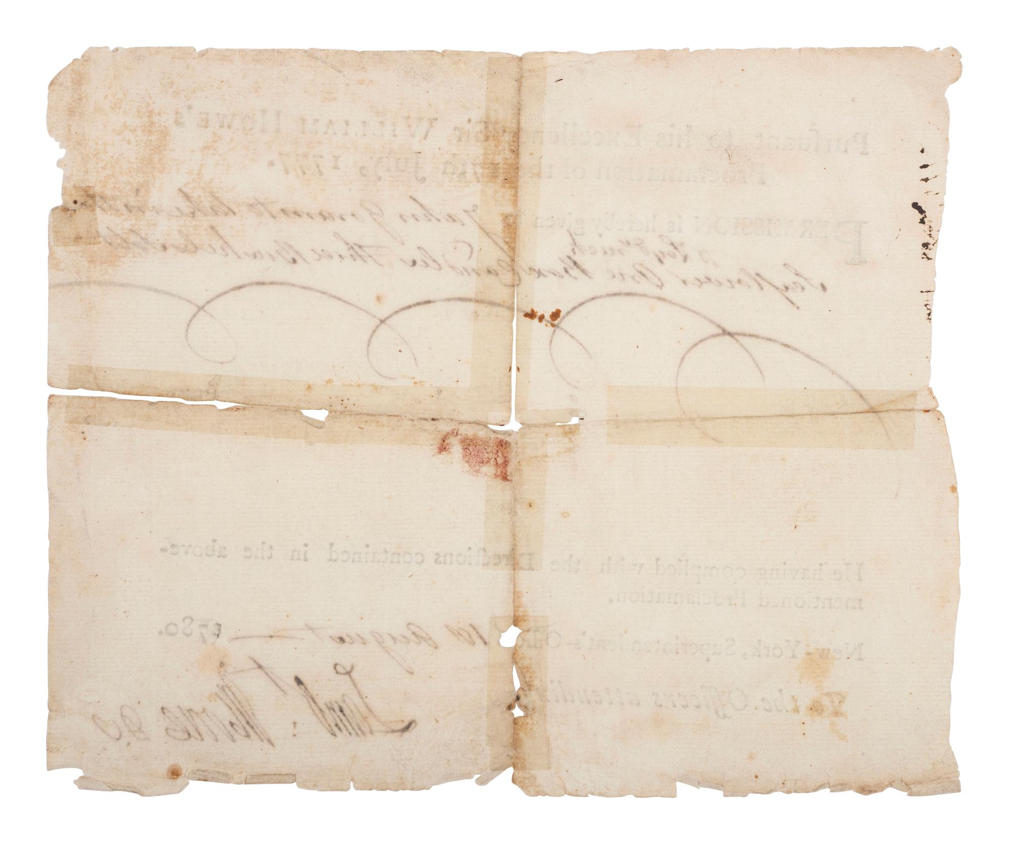 [REVOLUTIONARY WAR]. Partially printed travel pass issued by the British military as per Sir William Howe's 1777 Proclamation. New York, 10 August 1780.