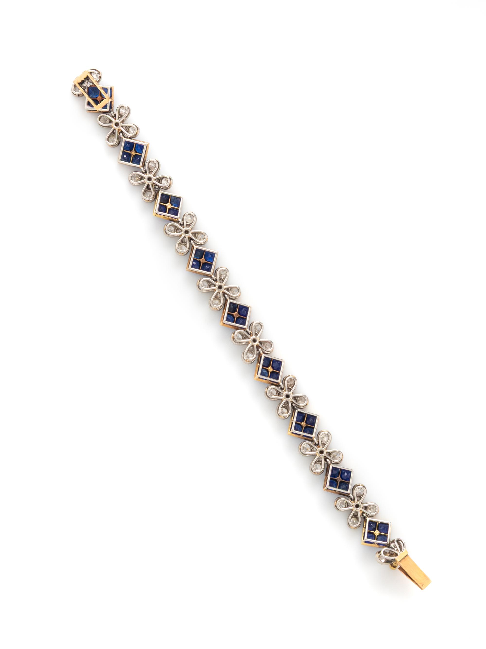 FRENCH, EARLY ART DECO, SAPPHIRE, DIAMOND, AND EMERALD BRACELET