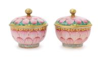 A Pair of Famille Rose Porcelain Covered Bowls Diameter 5 1/4 inches.