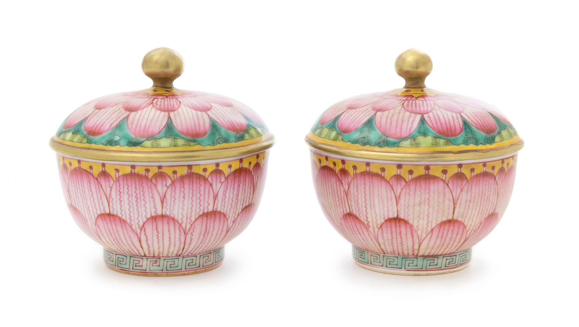 A Pair of Famille Rose Porcelain Covered Bowls Diameter 5 1/4 inches.