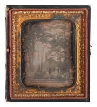 [EARLY PHOTOGRAPHY]. Sixth plate daguerreotype of children posed in front of a home.
