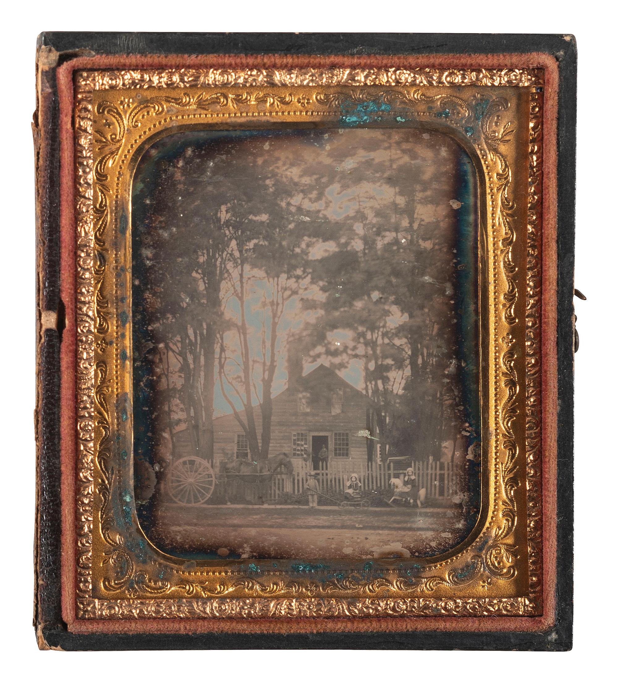 [EARLY PHOTOGRAPHY]. Sixth plate daguerreotype of children posed in front of a home.
