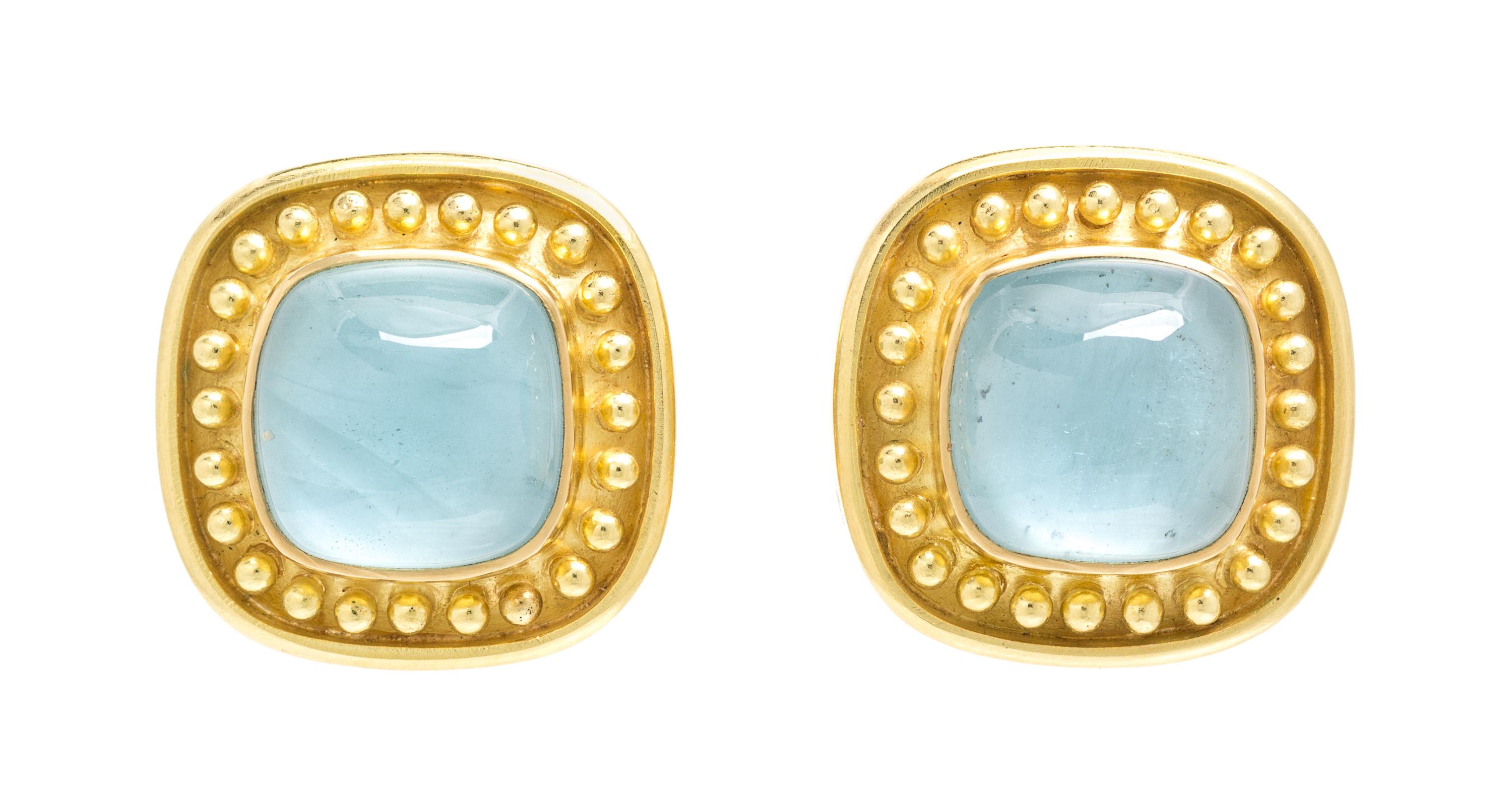 A Pair of 18 Karat Yellow Gold and Aquamarine Earclips, Elizabeth Locke, 11.10 dwts.