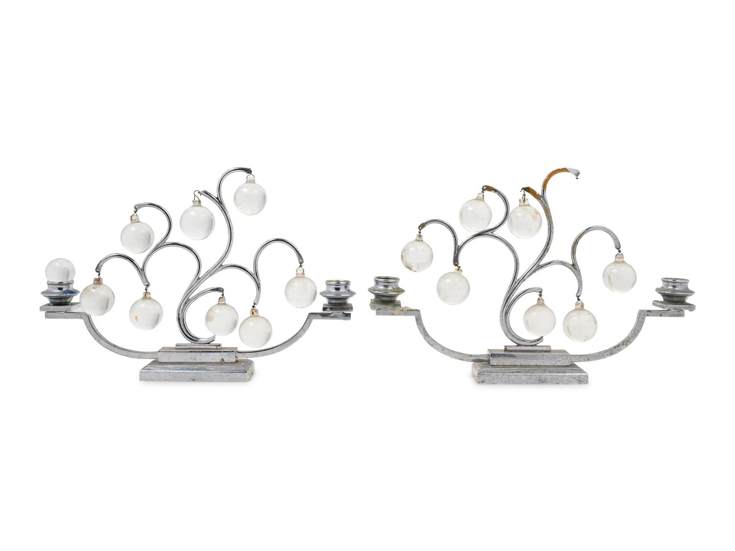 A Pair of Art Deco Silvered Metal and Glass Two-Light Candelabra