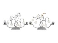 A Pair of Art Deco Silvered Metal and Glass Two-Light Candelabra