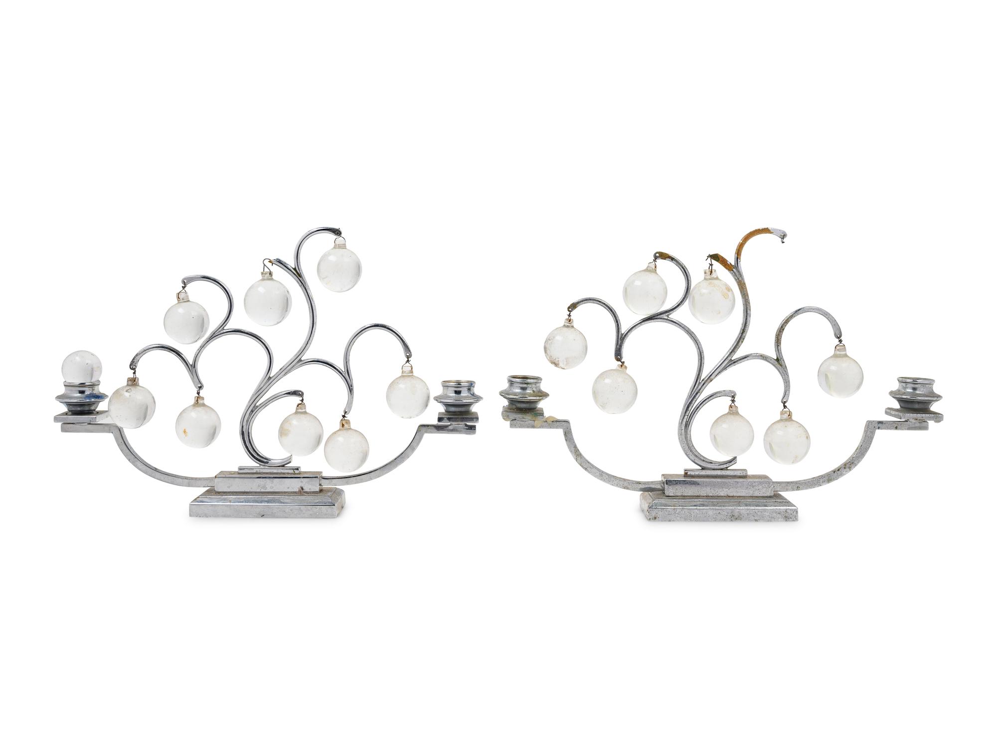 A Pair of Art Deco Silvered Metal and Glass Two-Light Candelabra
