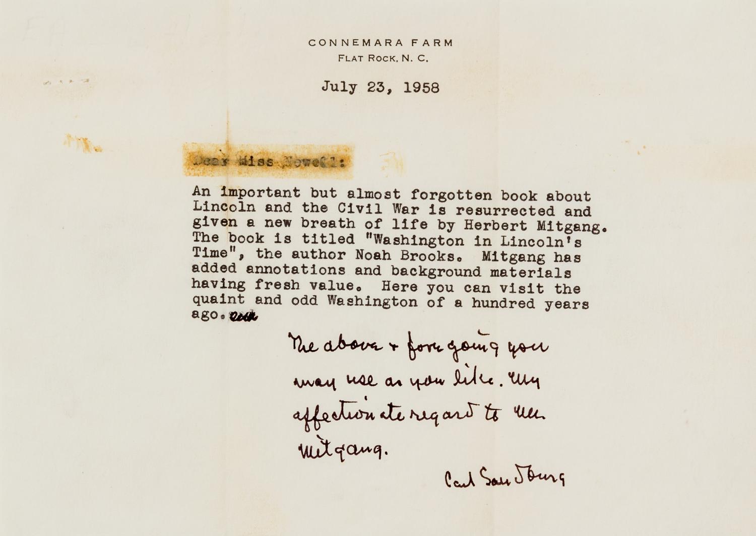 SANDBURG, Carl (1878-1967). Typed manuscript with autograph note signed ("Carl Sandburg"), to Miss Newell, Flat Rock, 23 July 1958.