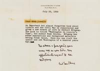 SANDBURG, Carl (1878-1967). Typed manuscript with autograph note signed ("Carl Sandburg"), to Miss Newell, Flat Rock, 23 July 1958.