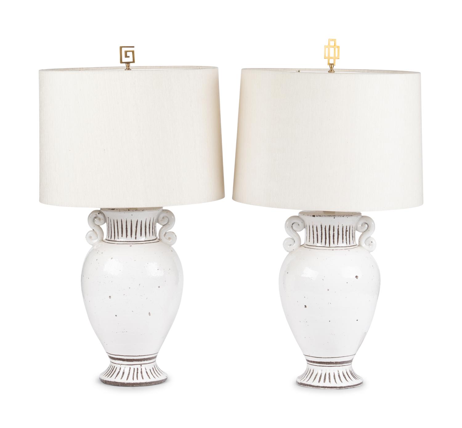 A Pair of Italian Glazed Earthenware Urn-Form Table Lamps