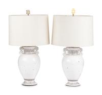 A Pair of Italian Glazed Earthenware Urn-Form Table Lamps