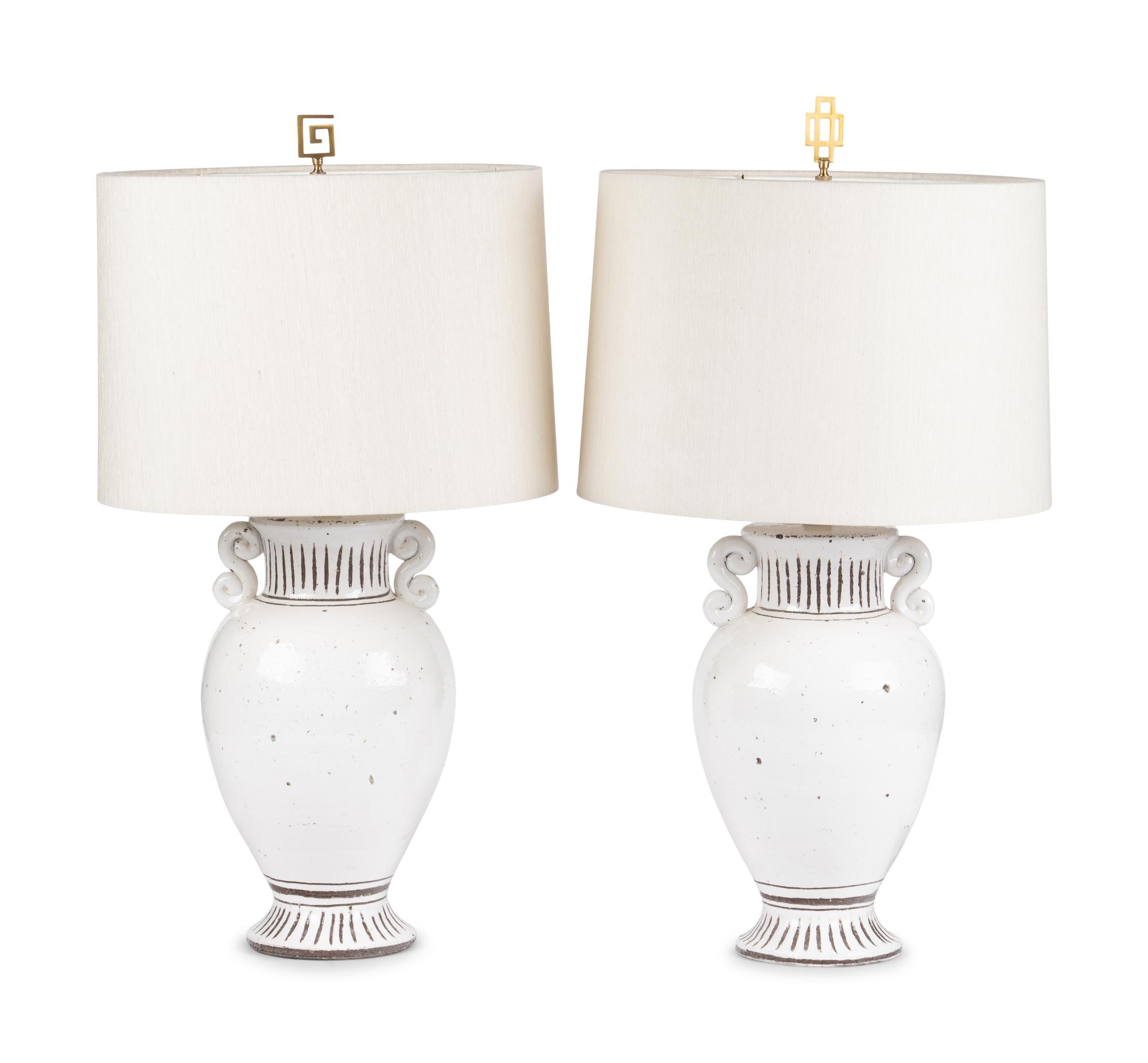 A Pair of Italian Glazed Earthenware Urn-Form Table Lamps