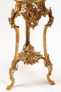 A Pair of Chinese Export Gold and Red Lacquer Vases with Gilt Bronze Stands