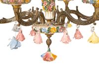 A Continental Gilt Metal and Porcelain Six-Light Chandelier — 20th Century