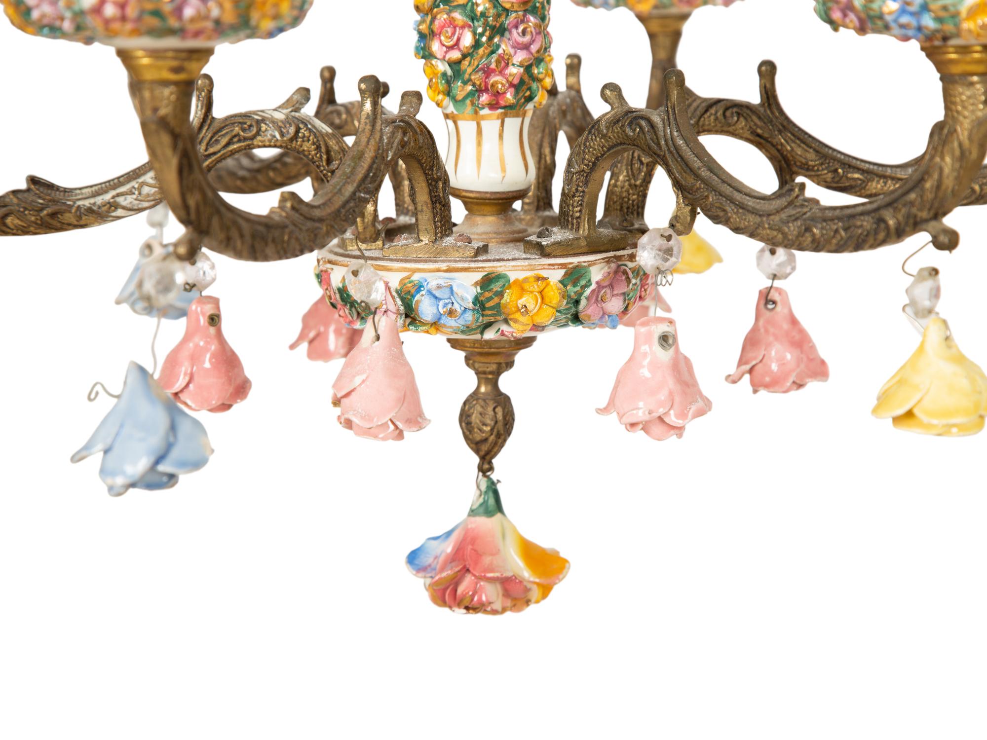 A Continental Gilt Metal and Porcelain Six-Light Chandelier — 20th Century