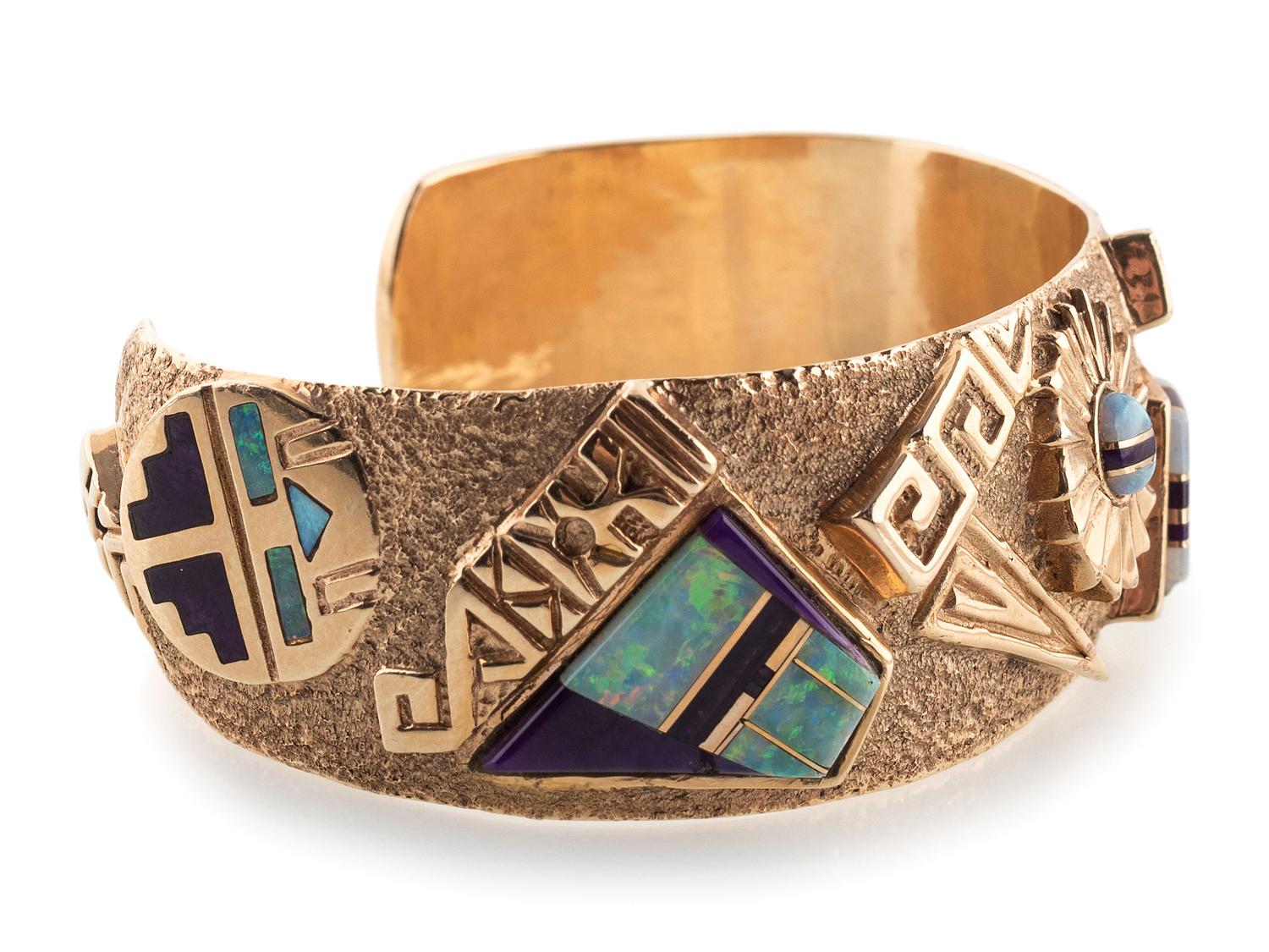 14k Gold Tufa Cast Cuff Bracelet, with Sugilite and Opal Mosaic Inlay