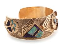 14k Gold Tufa Cast Cuff Bracelet, with Sugilite and Opal Mosaic Inlay
