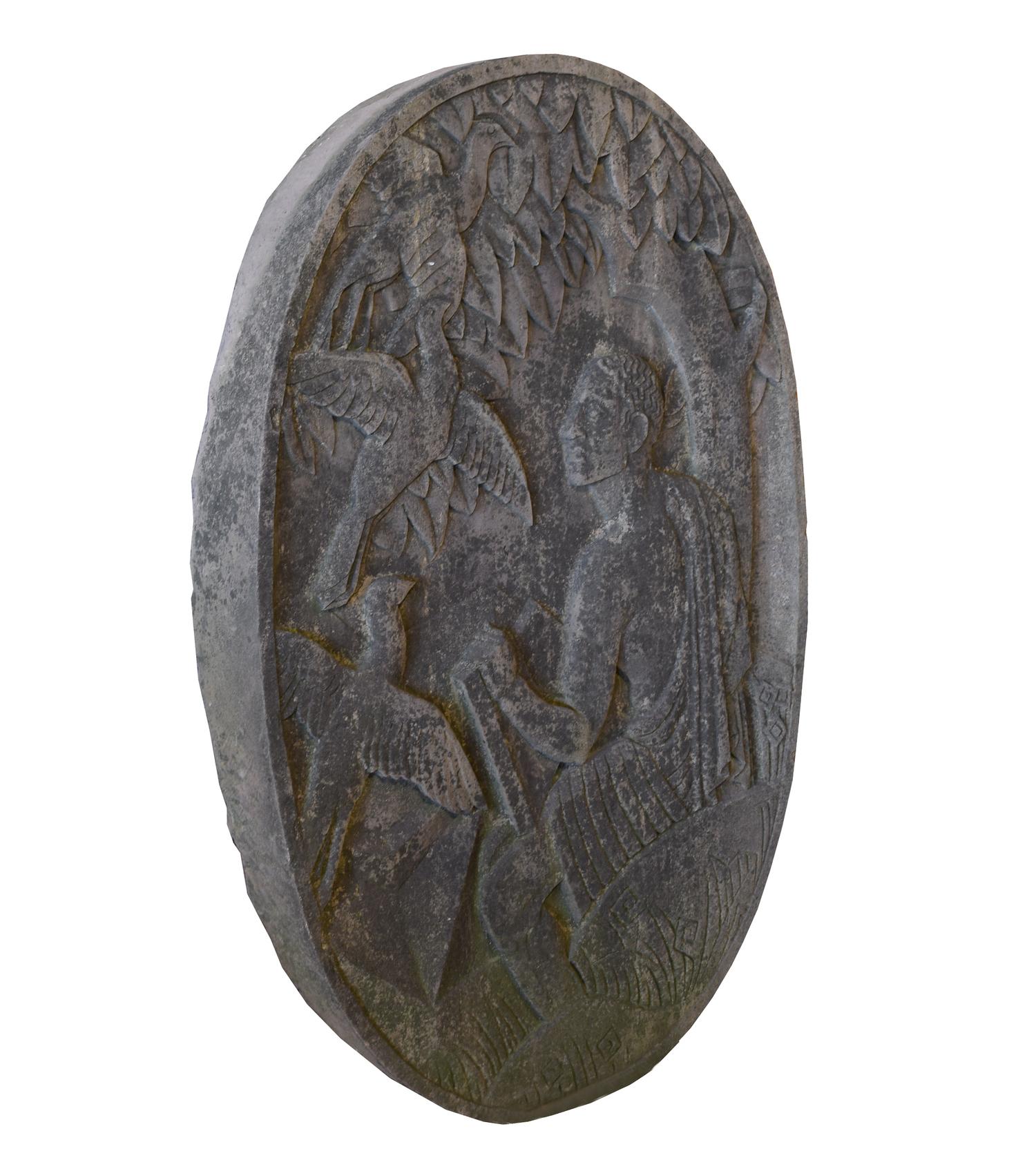 A Limestone Architectural Medallion from a Milwaukee Public School Building 31" W x 5.5" D x 47" H — United States, Circa 1940