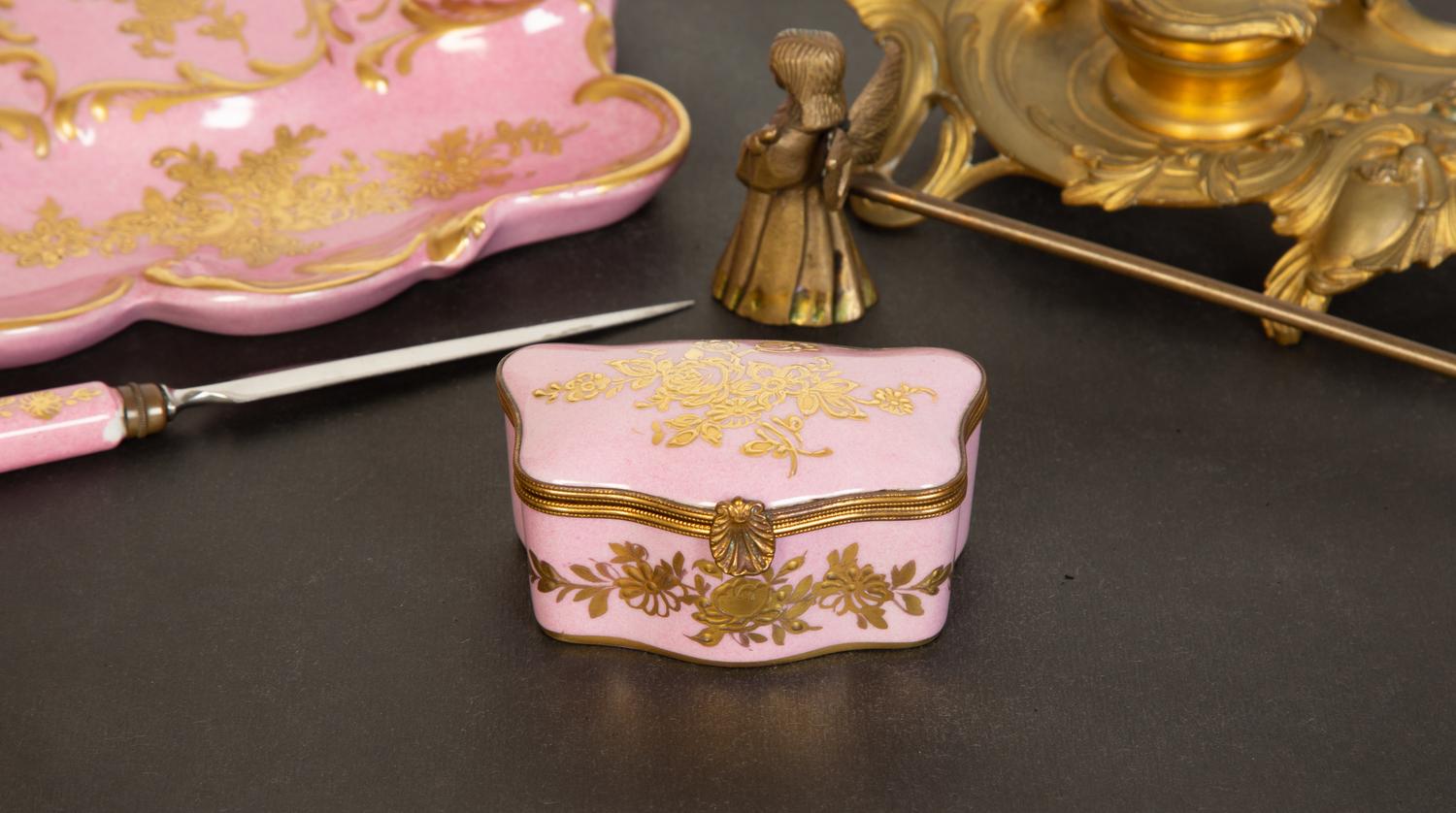 A Louis XV Style Gilt Bronze Inkwell and a Sèvres Style Porcelain Standish