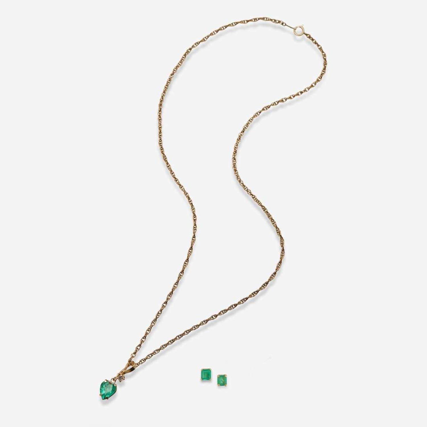 A Matching Set of 14K Yellow Gold, Diamond, and Emerald Necklace and Earrings