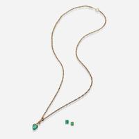 A Matching Set of 14K Yellow Gold, Diamond, and Emerald Necklace and Earrings