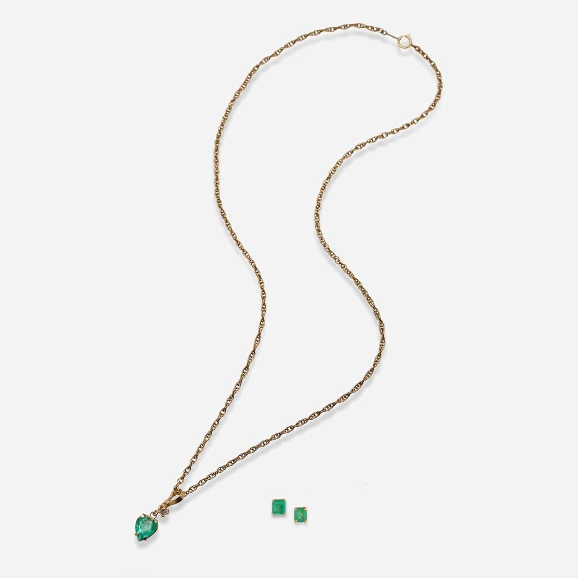 A Matching Set of 14K Yellow Gold, Diamond, and Emerald Necklace and Earrings