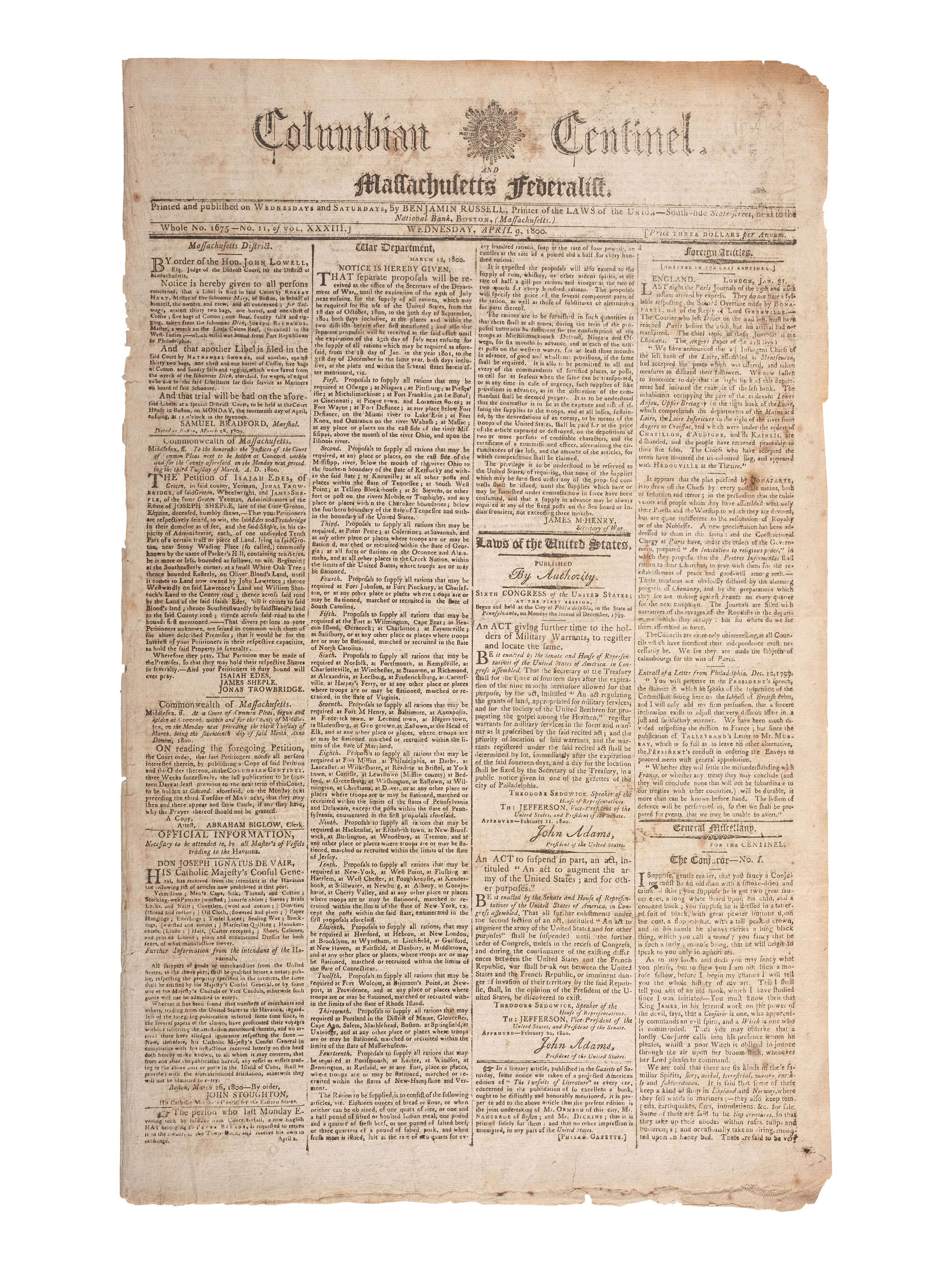 [WASHINGTON, George (1732-1799)]. The Columbian Centinel . Vol. XXXIII, No. 11. Boston, MA: Benjamin Russell, 9 April 1800.