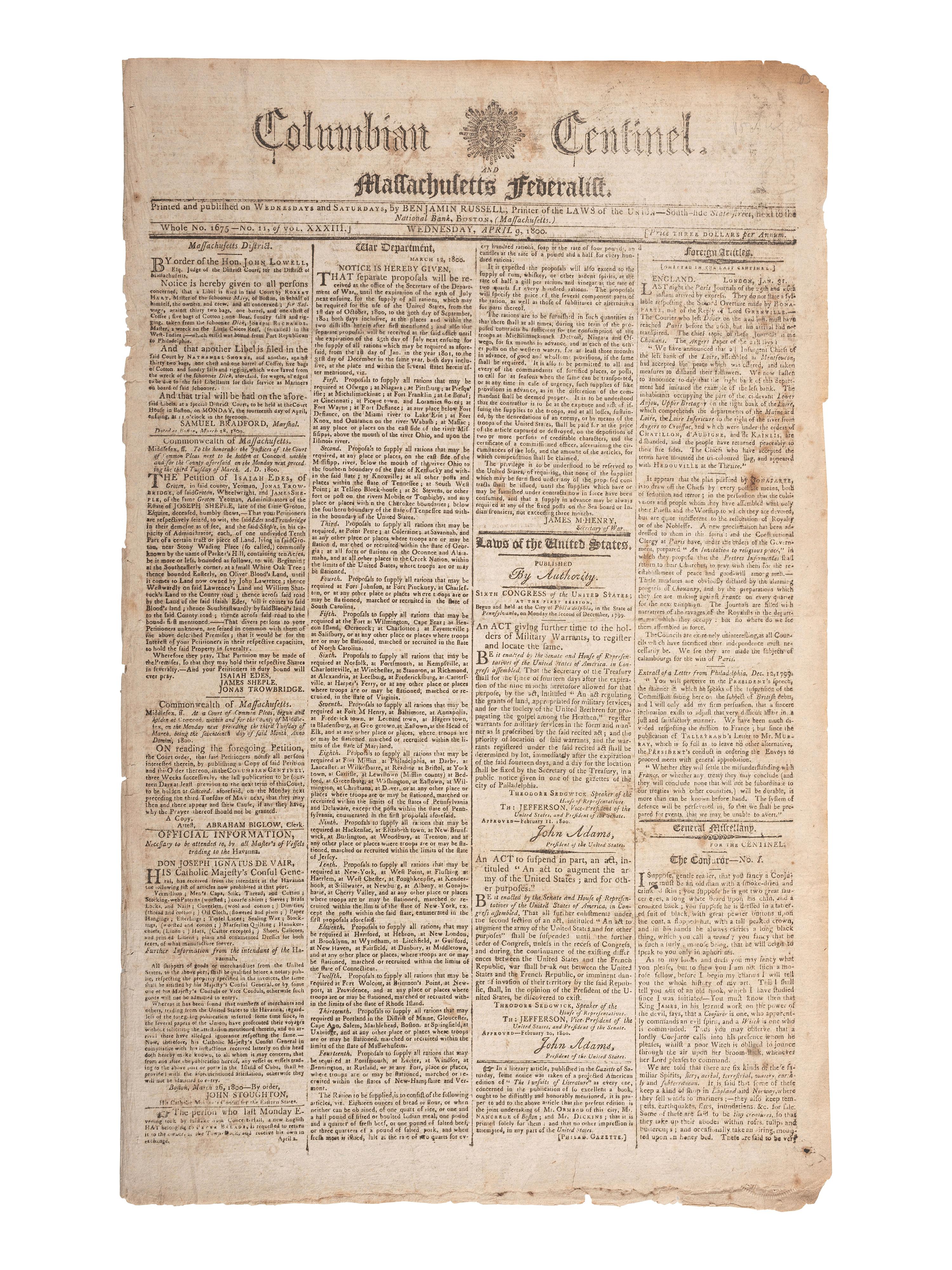 [WASHINGTON, George (1732-1799)]. The Columbian Centinel . Vol. XXXIII, No. 11. Boston, MA: Benjamin Russell, 9 April 1800.