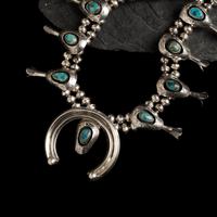 Navajo Silver and Turquoise Shadowbox Squash Blossom Necklace