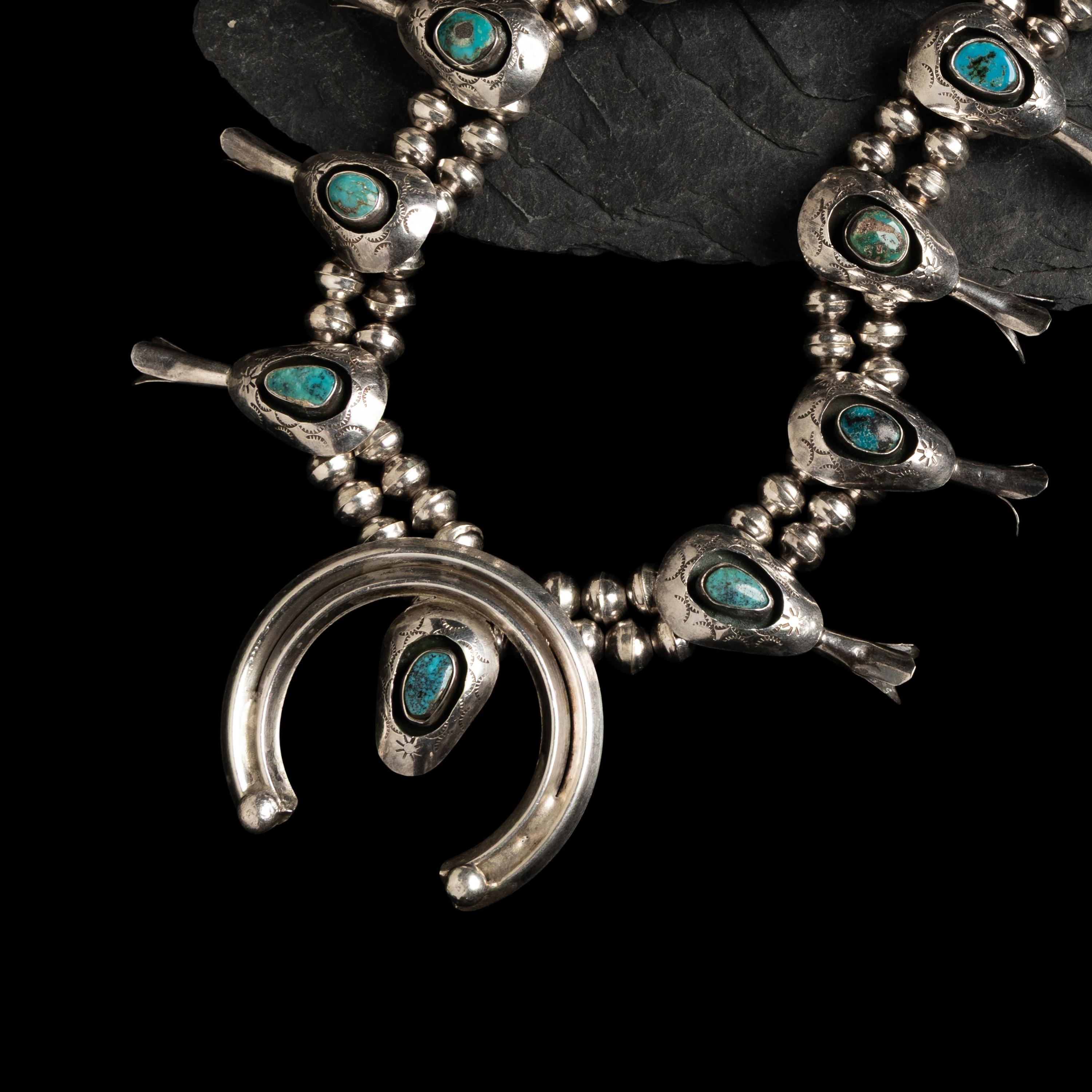Navajo Silver and Turquoise Shadowbox Squash Blossom Necklace