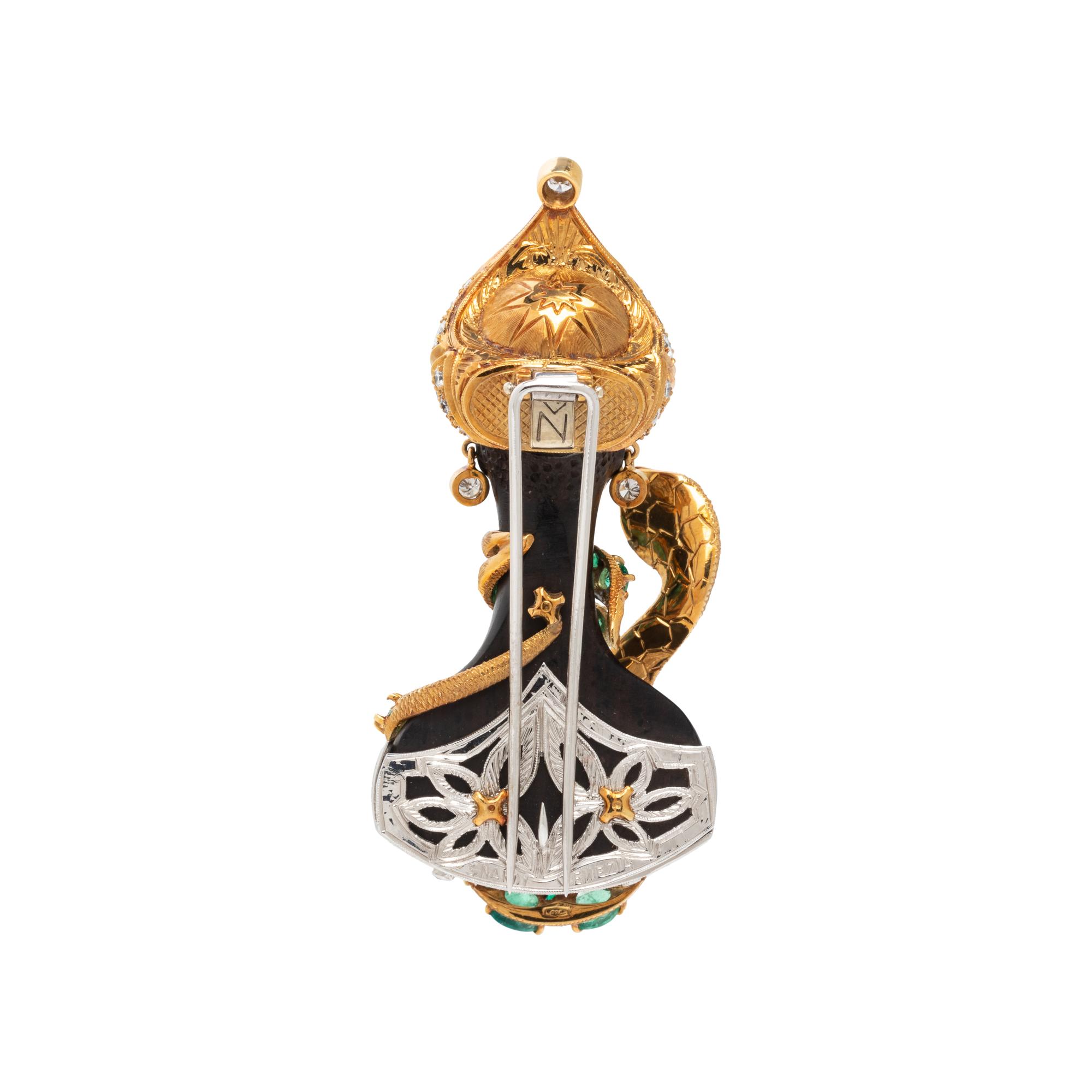 NARDI, BICOLOR GOLD, DIAMOND AND EMERALD BLACKAMOOR BROOCH
