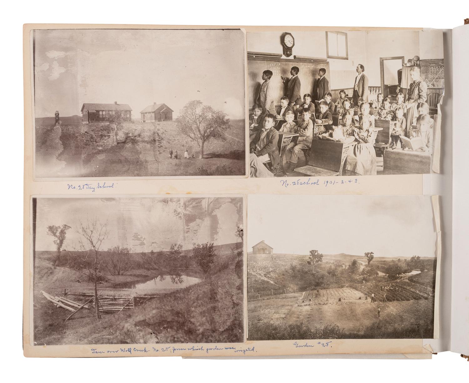 Exceptional album containing photographs of Pine Ridge Reservation and its surroundings, incl. Native American subjects, Indian schools, ceremonies, camp life, and Wounded Knee. Ca late 1890s-early 1900s.
