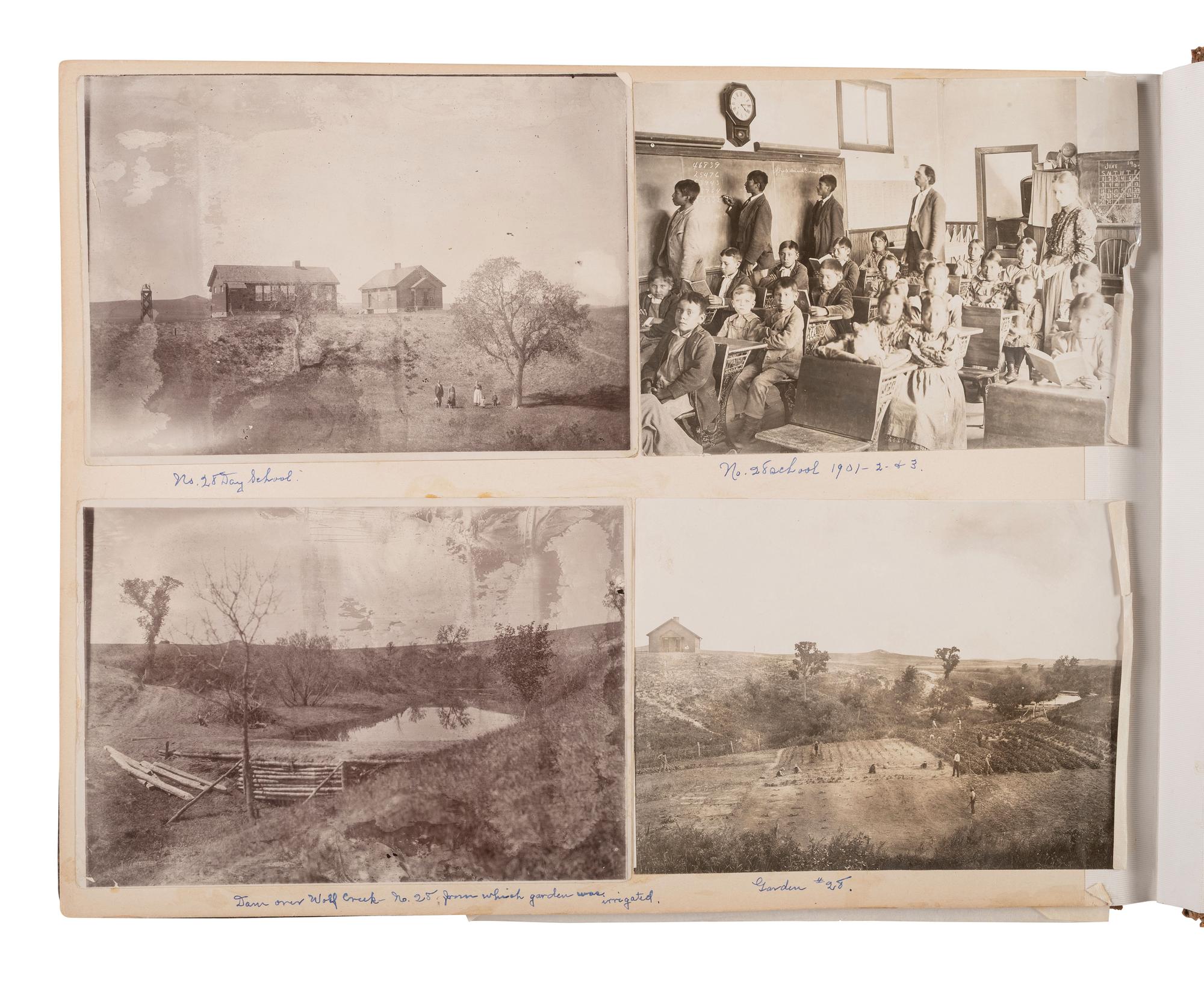 Exceptional album containing photographs of Pine Ridge Reservation and its surroundings, incl. Native American subjects, Indian schools, ceremonies, camp life, and Wounded Knee. Ca late 1890s-early 1900s.